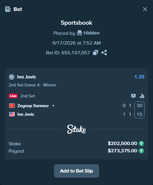 Bet slip: Zeynep Sonmez - Iva Jovic, $202,500.00 stake at 1.35 odds, placed by Hidden