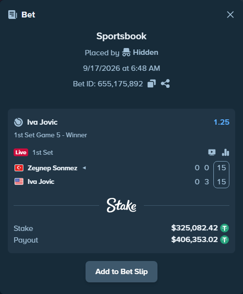 Bet slip: Zeynep Sonmez - Iva Jovic, $325,407.50 stake at 1.25 odds, placed by Hidden