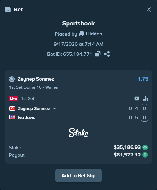 Bet slip: Zeynep Sonmez - Iva Jovic, $35,222.11 stake at 1.75 odds, placed by Hidden
