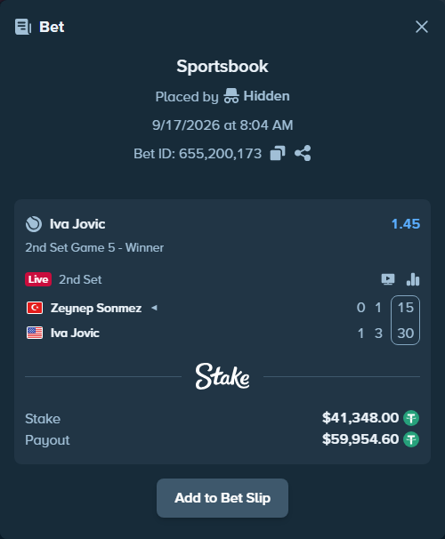 Bet slip: Zeynep Sonmez - Iva Jovic, $41,348.00 stake at 1.45 odds, placed by Hidden