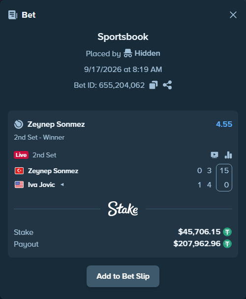 Bet slip: Zeynep Sonmez - Iva Jovic, $45,751.85 stake at 4.55 odds, placed by Hidden
