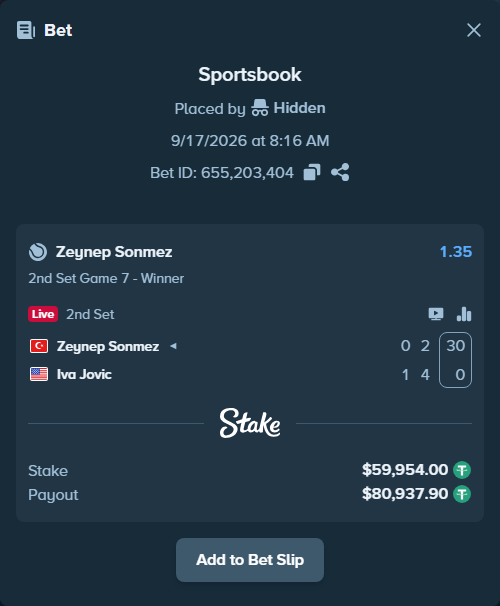 Bet slip: Zeynep Sonmez - Iva Jovic, $59,954.00 stake at 1.35 odds, placed by Hidden