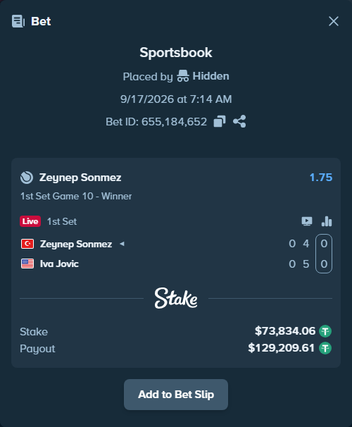 Bet slip: Zeynep Sonmez - Iva Jovic, $73,907.90 stake at 1.75 odds, placed by Hidden