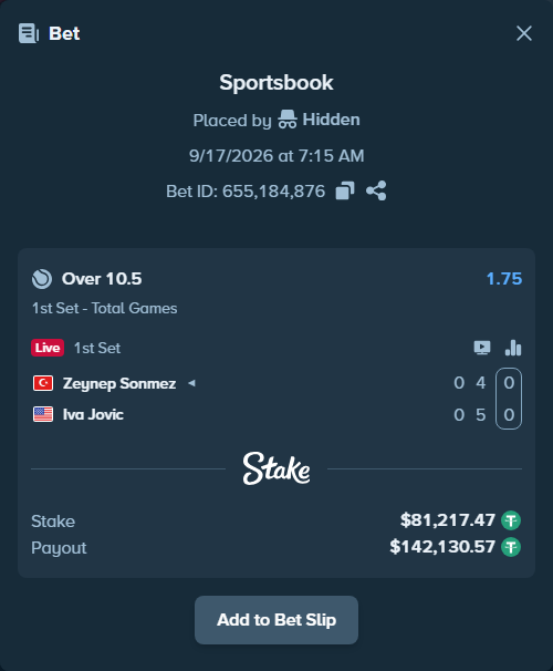 Bet slip: Zeynep Sonmez - Iva Jovic, $81,298.69 stake at 1.75 odds, placed by Hidden