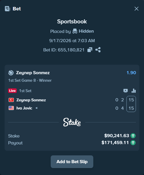 Bet slip: Zeynep Sonmez - Iva Jovic, $90,331.88 stake at 1.90 odds, placed by Hidden