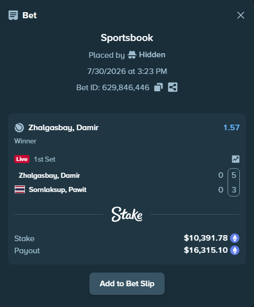 Bet slip: Zhalgasbay, Damir - Sornlaksup, Pawit, $10,375.43 stake at 1.57 odds, placed by Hidden