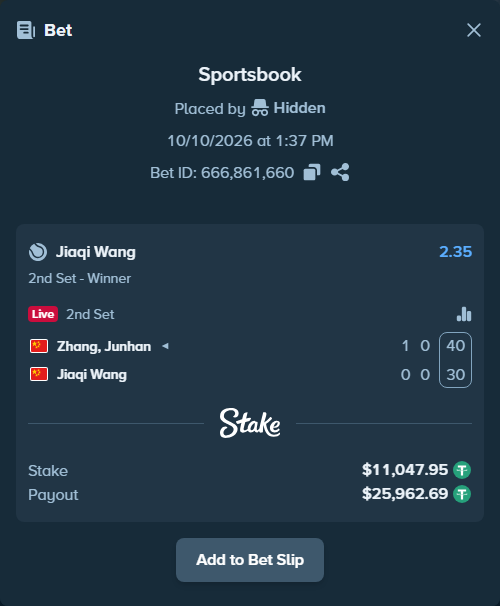 Bet slip: Zhang, Junhan - Jiaqi Wang, $11,059.00 stake at 2.35 odds, placed by Hidden
