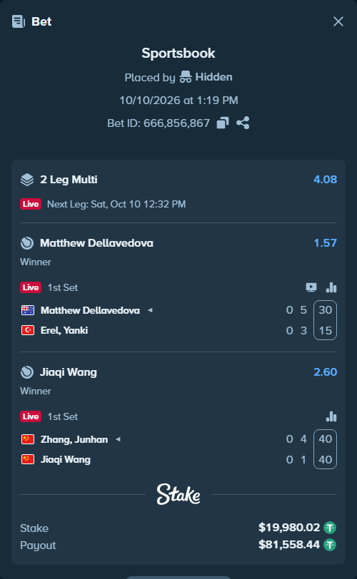 Bet slip: Zhang, Junhan - Jiaqi Wang, $20,000.00 stake at 2.60 odds, placed by Hidden