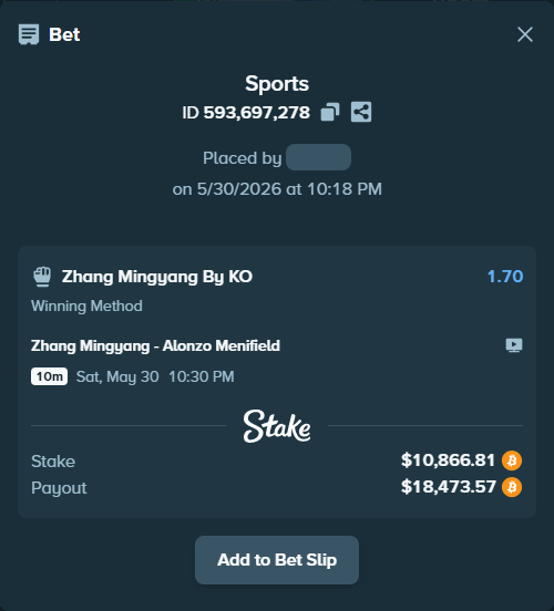 Bet slip: Zhang Mingyang - Alonzo Menifield, $9,500.25 stake at 1.70 odds, placed by theoutlaw