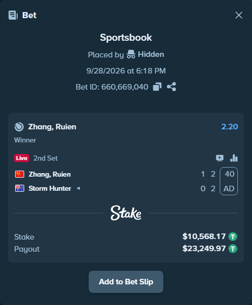 Bet slip: Zhang, Ruien - Storm Hunter, $10,565.00 stake at 2.20 odds, placed by Hidden