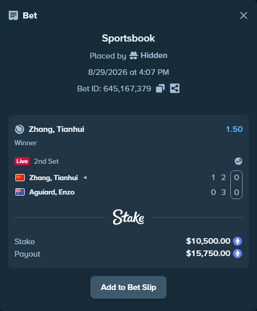 Bet slip: Zhang, Tianhui - Aguiard, Enzo, $10,520.36 stake at 1.50 odds, placed by Hidden