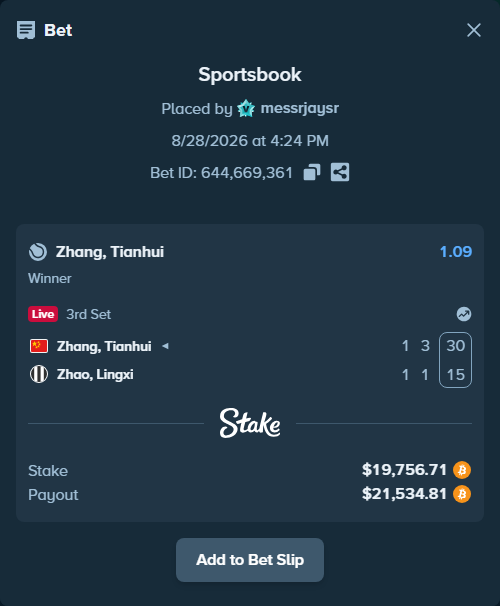 Bet slip: Zhang, Tianhui - Zhao, Lingxi, $19,441.53 stake at 1.09 odds, placed by messrjaysr