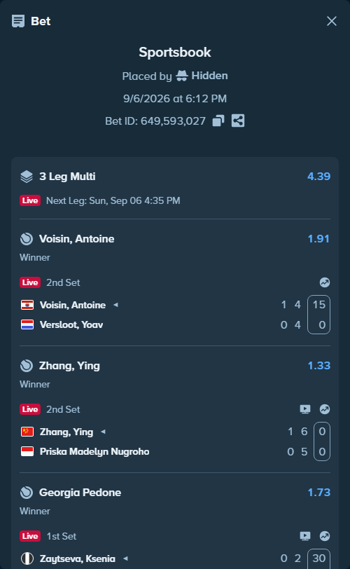 Bet slip: Zhang, Ying - Priska Madelyn Nugroho, $20,095.00 stake at 1.33 odds, placed by Hidden