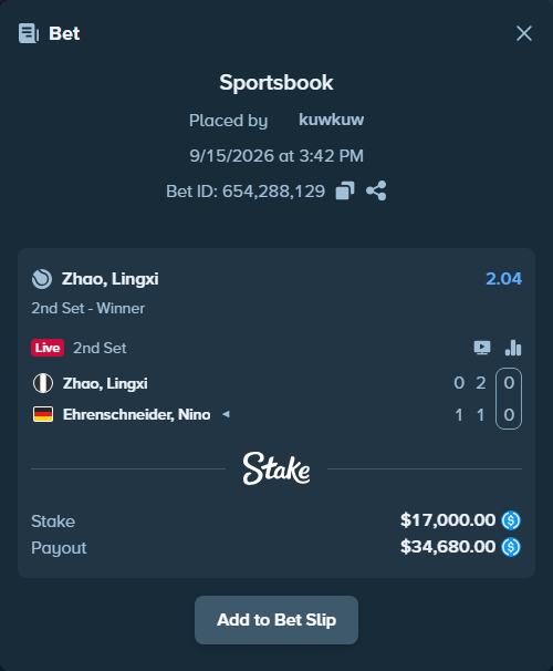 Bet slip: Zhao, Lingxi - Ehrenschneider, Nino, $17,000.00 stake at 2.04 odds, placed by kuwkuw