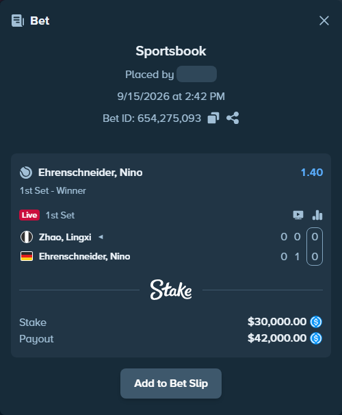 Bet slip: Zhao, Lingxi - Ehrenschneider, Nino, $30,000.00 stake at 1.40 odds, placed by kuwkuw