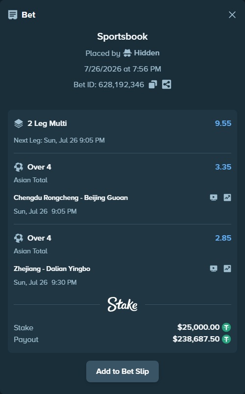 Bet slip: Zhejiang - Dalian Yingbo, $25,000.00 stake at 2.85 odds, placed by Hidden