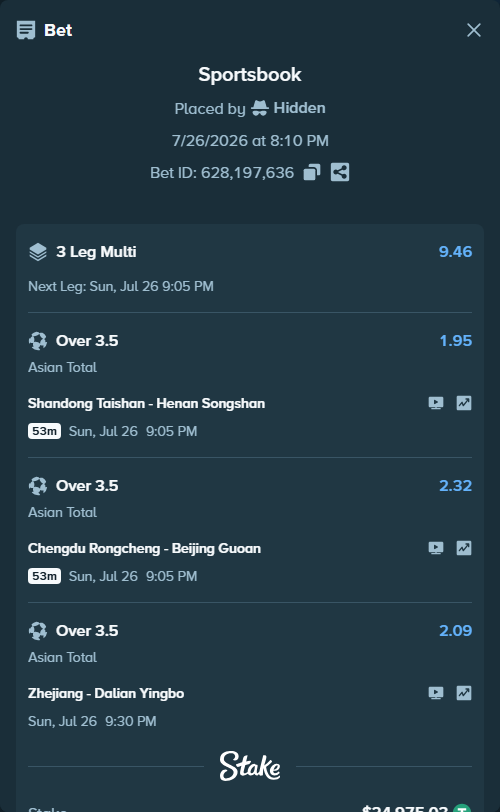 Bet slip: Zhejiang - Dalian Yingbo, $25,000.00 stake at 2.09 odds, placed by Hidden