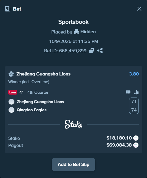 Bet slip: Zhejiang Lions - Qingdao Eagles, $18,183.24 stake at 3.80 odds, placed by Prettylfacko98