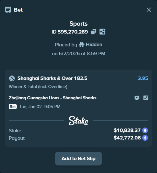 Bet slip: Zhejiang Lions - Shanghai Sharks, $9,506.36 stake at 3.95 odds, placed by Hidden