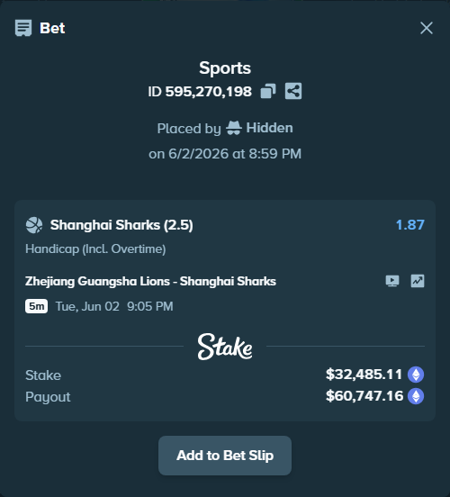 Bet slip: Zhejiang Lions - Shanghai Sharks, $28,519.09 stake at 1.87 odds, placed by Hidden