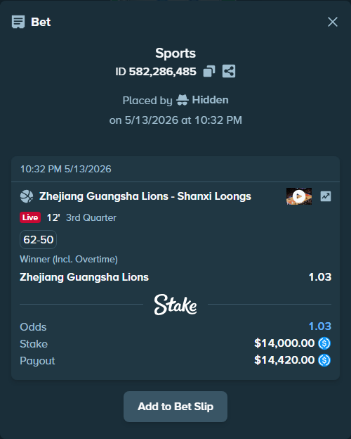 Bet slip: Zhejiang Lions - Shanxi Loongs, $14,000.00 stake at 1.03 odds, placed by Hidden