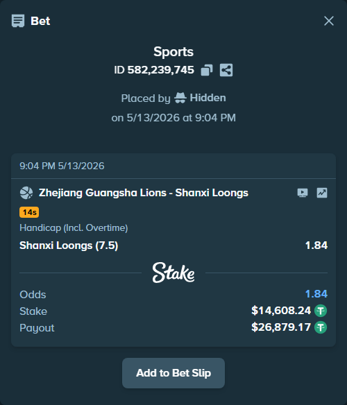 Bet slip: Zhejiang Lions - Shanxi Loongs, $14,608.24 stake at 1.84 odds, placed by Hidden