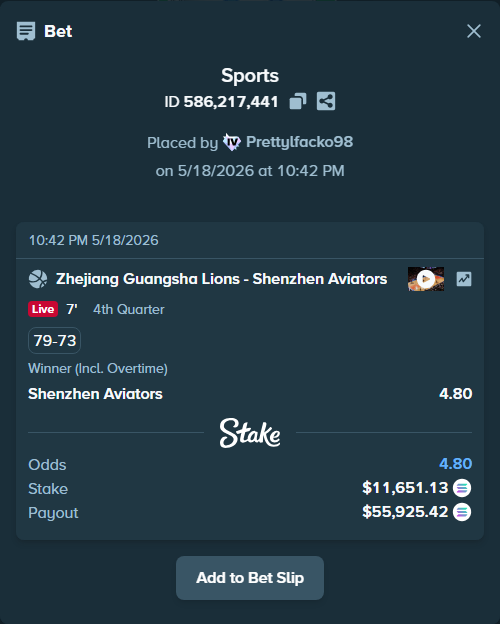 Bet slip: Zhejiang Lions - Shenzhen Leopards, $9,976.11 stake at 4.80 odds, placed by Prettylfacko98