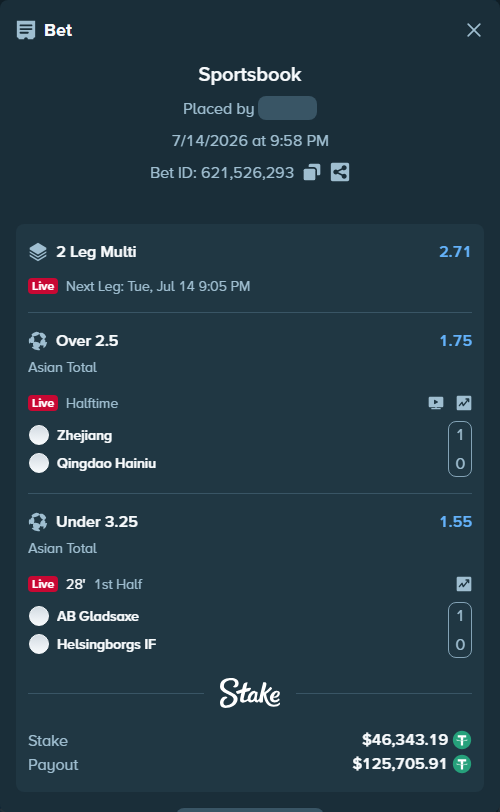 Bet slip: Zhejiang - Qingdao Hainiu, $46,389.53 stake at 1.75 odds, placed by kabic555