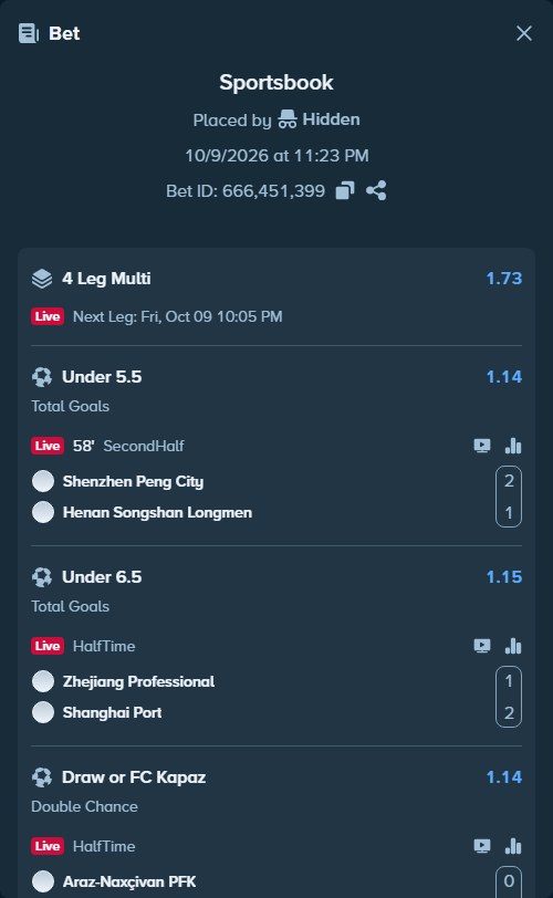 Bet slip: Zhejiang - Shanghai Port, $10,012.00 stake at 1.15 odds, placed by Chitico19