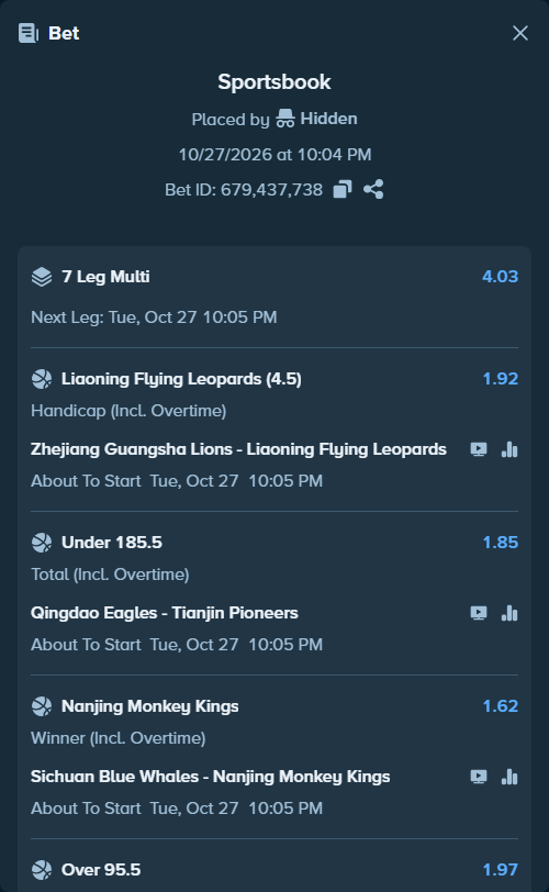 Bet slip: Zhejiang Zhe Zheng Lions - Liaoning Flying Leopards, $10,770.97 stake at 1.92 odds, placed by SyztmzTV