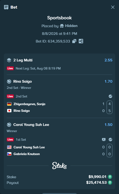 Bet slip: Zhiyenbayeva, Sonja - Rina Saigo, $10,000.00 stake at 1.70 odds, placed by Hidden