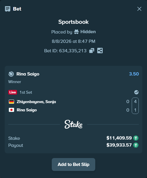 Bet slip: Zhiyenbayeva, Sonja - Rina Saigo, $11,421.00 stake at 3.50 odds, placed by Hidden