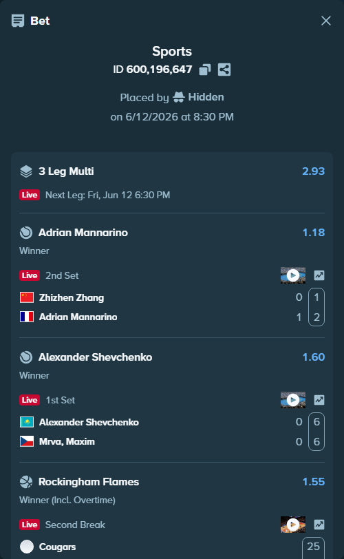 Bet slip: Zhizhen Zhang - Adrian Mannarino, $10,800.00 stake at 1.18 odds, placed by Hidden