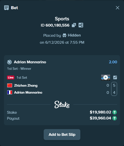 Bet slip: Zhizhen Zhang - Adrian Mannarino, $20,000.00 stake at 2.00 odds, placed by Hidden