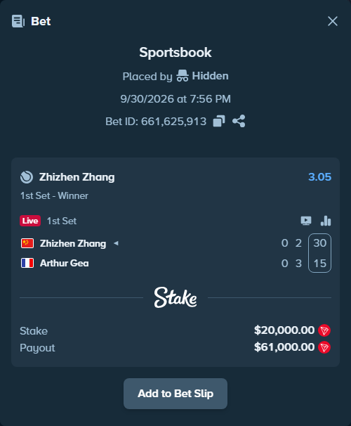 Bet slip: Zhizhen Zhang - Arthur Gea, $20,092.52 stake at 3.05 odds, placed by Hidden