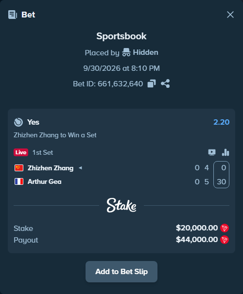 Bet slip: Zhizhen Zhang - Arthur Gea, $20,085.72 stake at 2.20 odds, placed by Hidden