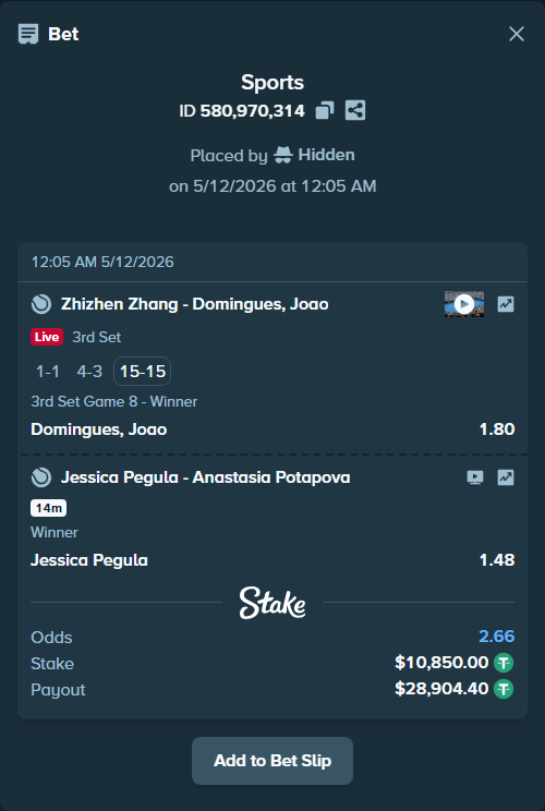 Bet slip: Zhizhen Zhang - Domingues, Joao, $10,850.00 stake at 1.80 odds, placed by Hidden