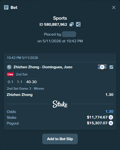 Bet slip: Zhizhen Zhang - Domingues, Joao, $9,083.17 stake at 1.30 odds, placed by Prettylfacko98