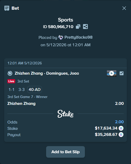 Bet slip: Zhizhen Zhang - Domingues, Joao, $13,513.15 stake at 2.00 odds, placed by Prettylfacko98