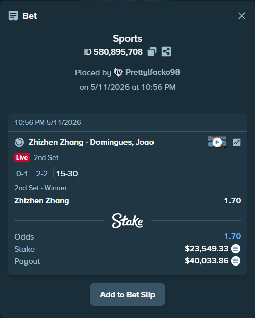 Bet slip: Zhizhen Zhang - Domingues, Joao, $18,080.23 stake at 1.70 odds, placed by Prettylfacko98