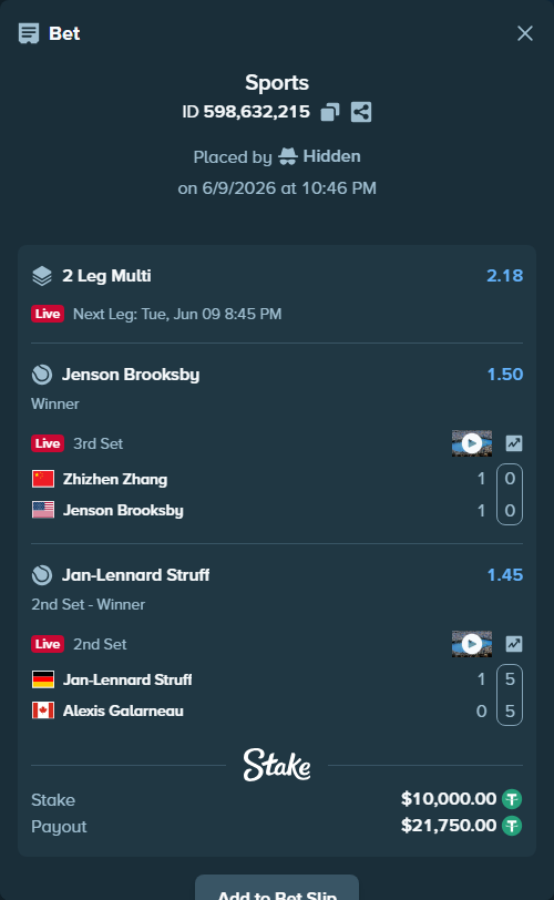 Bet slip: Zhizhen Zhang - Jenson Brooksby, $10,000.00 stake at 1.50 odds, placed by Hidden