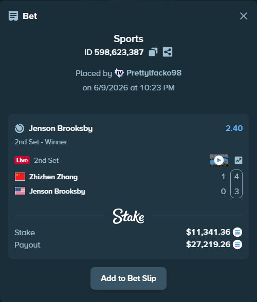 Bet slip: Zhizhen Zhang - Jenson Brooksby, $12,605.10 stake at 2.40 odds, placed by Prettylfacko98