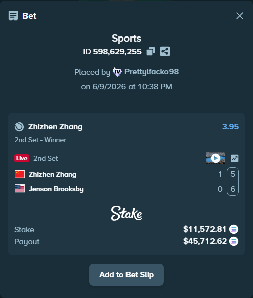 Bet slip: Zhizhen Zhang - Jenson Brooksby, $12,828.36 stake at 3.95 odds, placed by Prettylfacko98