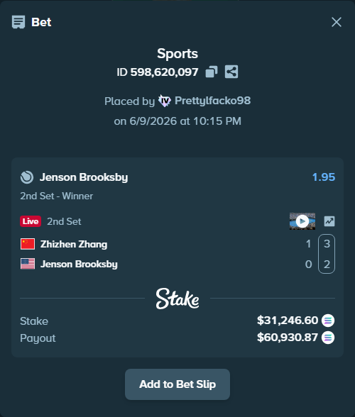 Bet slip: Zhizhen Zhang - Jenson Brooksby, $34,659.51 stake at 1.95 odds, placed by Prettylfacko98