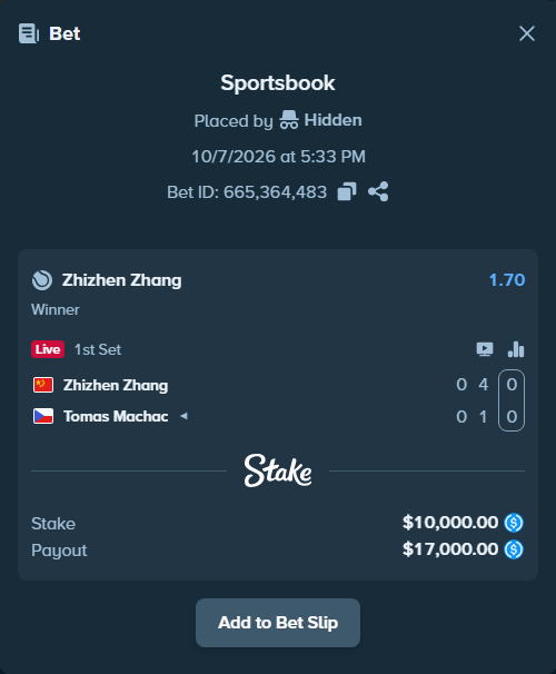 Bet slip: Zhizhen Zhang - Tomas Machac, $10,000.00 stake at 1.70 odds, placed by Hidden