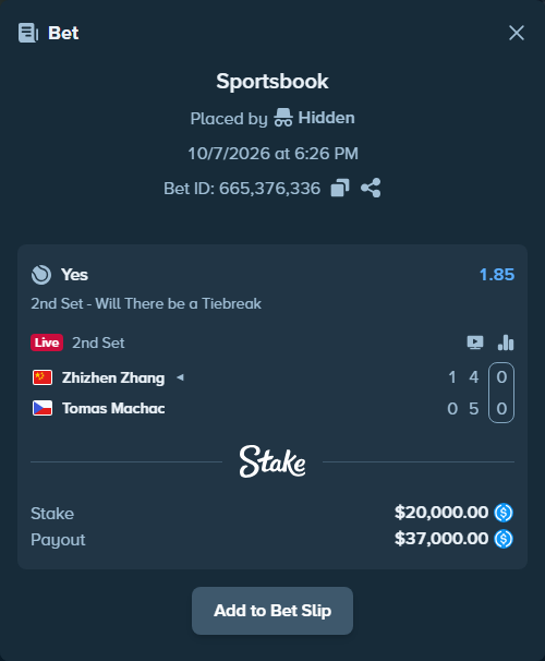 Bet slip: Zhizhen Zhang - Tomas Machac, $20,000.00 stake at 1.85 odds, placed by Hidden