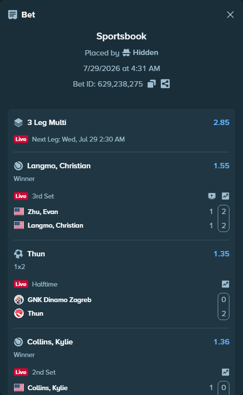 Bet slip: Zhu, Evan - Langmo, Christian, $10,000.00 stake at 1.55 odds, placed by Hidden