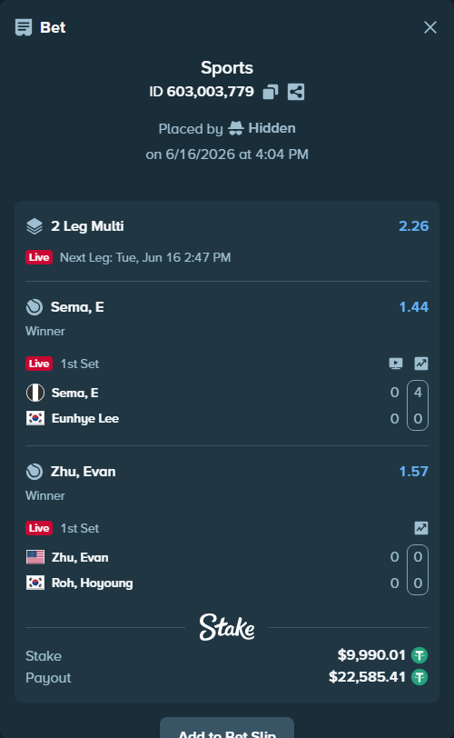 Bet slip: Zhu, Evan - Roh, Hoyoung, $10,000.00 stake at 1.57 odds, placed by Hidden