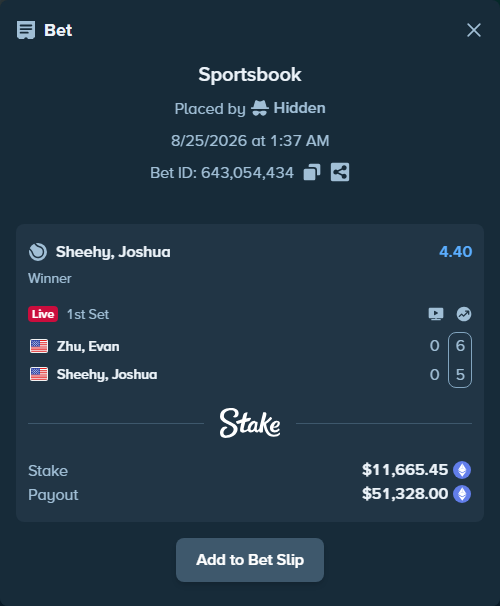Bet slip: Zhu, Evan - Sheehy, Joshua, $11,579.59 stake at 4.40 odds, placed by Hidden