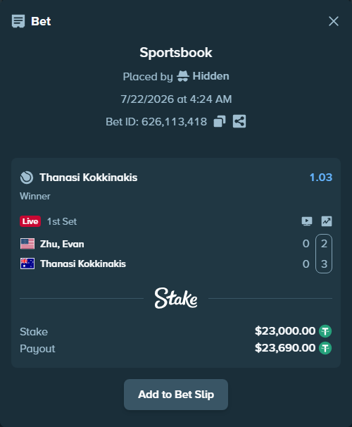 Bet slip: Zhu, Evan - Thanasi Kokkinakis, $23,023.00 stake at 1.03 odds, placed by Hidden